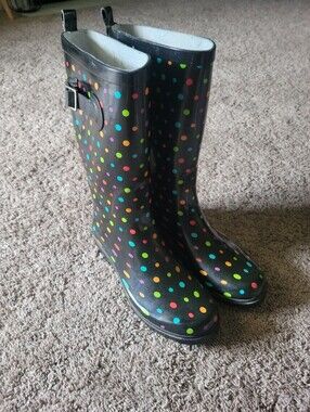 Black Polka Dot Rain Boots Womems Size 9 Used